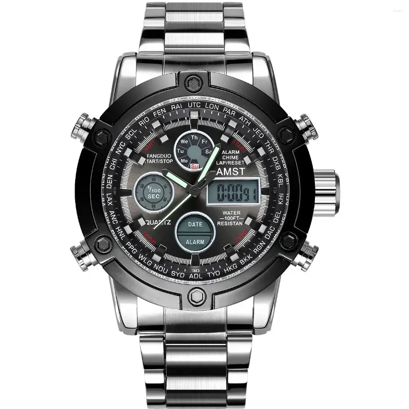 Montres-bracelets célèbres AMST numérique quartz affichage analogique double temps hommes en acier inoxydable sport militaire homme poignet étanche