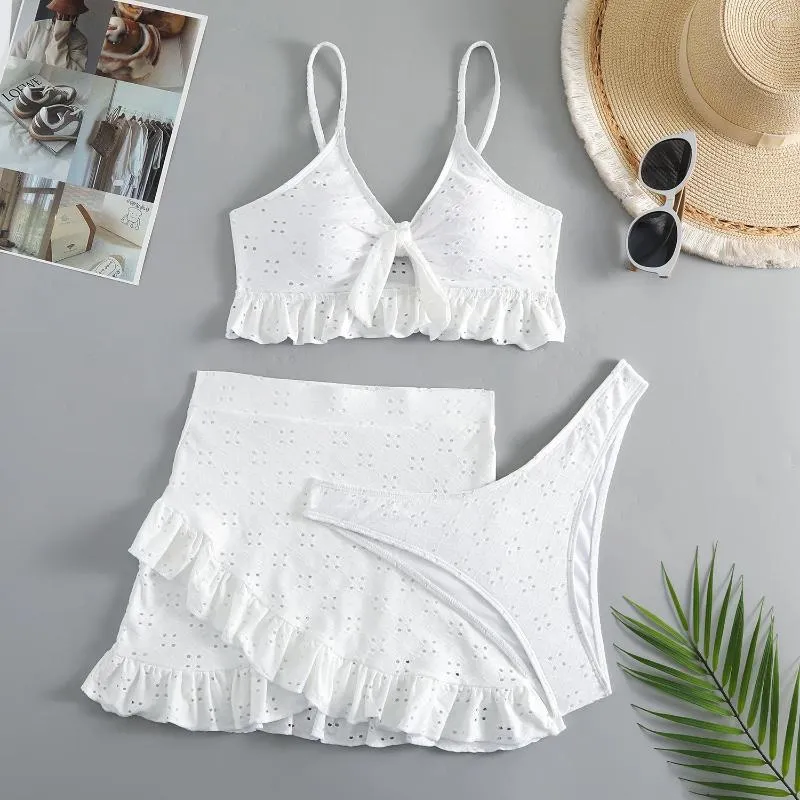 Women's Swimwear 3 Pieces Set Swimsuit Women Thong Sexy Micro Bikini With Sarong Ruffle Skirts Beachwear Bathing Suit White