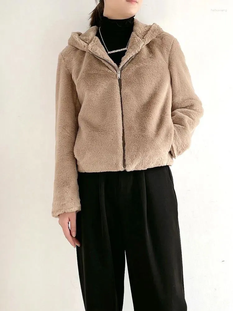 Giacca da donna con cerniera alla moda con cappuccio in pelliccia sintetica da donna 2024 cappotto invernale caldo tinta unita sciolto femminile