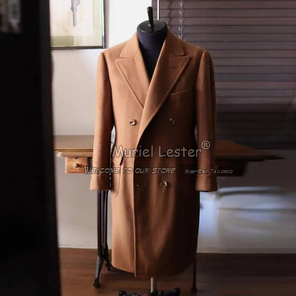 Ternos de inverno masculino terno jaqueta marrom lã mistura casaco longo duplo breasted pico lapela pesado quente casaco outwear feito sob encomenda 2024