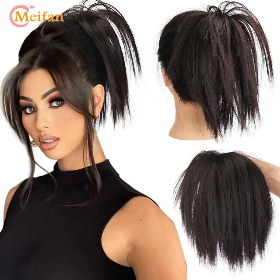 Synthetic Wigs MEIFAN Synthetic Messy Straight Hair Bun Elastic Band Fluffy Hair Chignon Scrunchy Wrap Updo False Hairpiece For Wome 240329