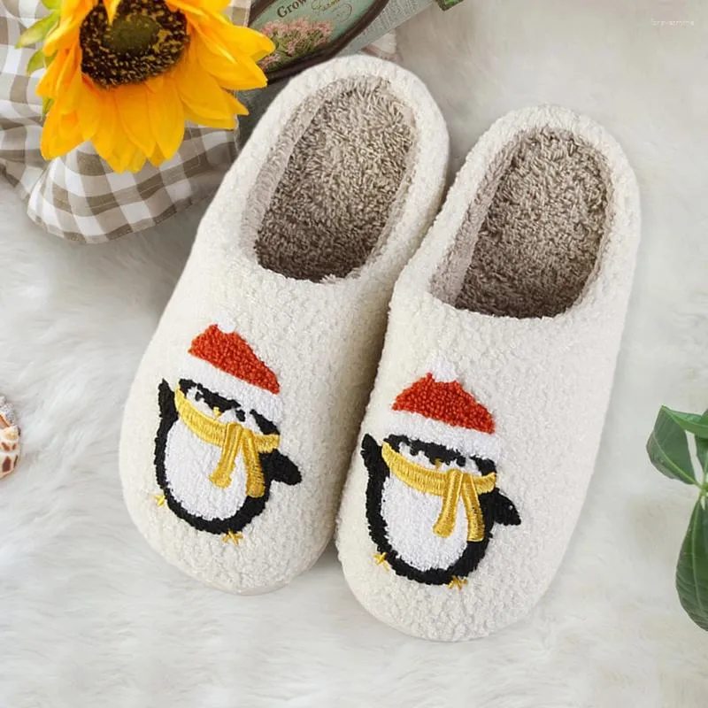 Slippers Christmas Plush Closed Toe Anti Slip Penguin Slip-on House Shoes Comfortable Cartoon For Men Women