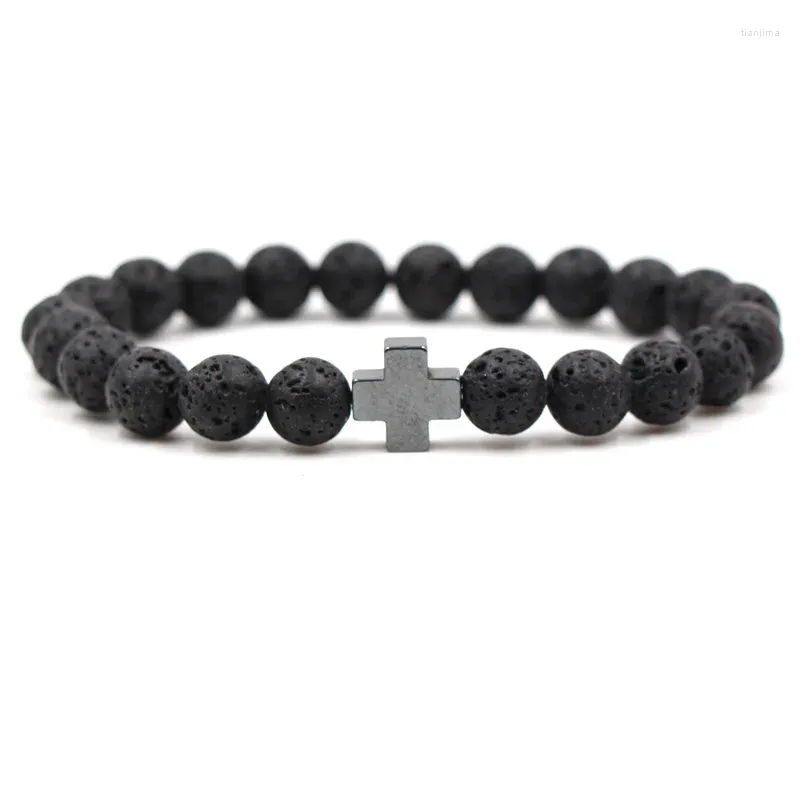 Strand Trendy 8mm Natural Black Volcanic Lava Stone Beads Armband 5 Color Cross Armband For Womenmen Charm smyckedekorationer 2024