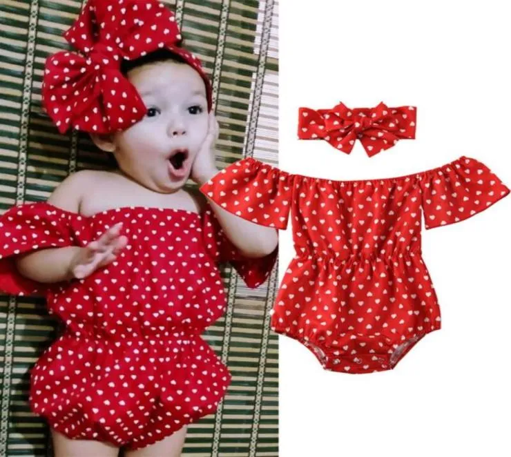 024m nyfödda flickor bodysuits pannband från axel röd polka dot tryck jumpsuit 2st.