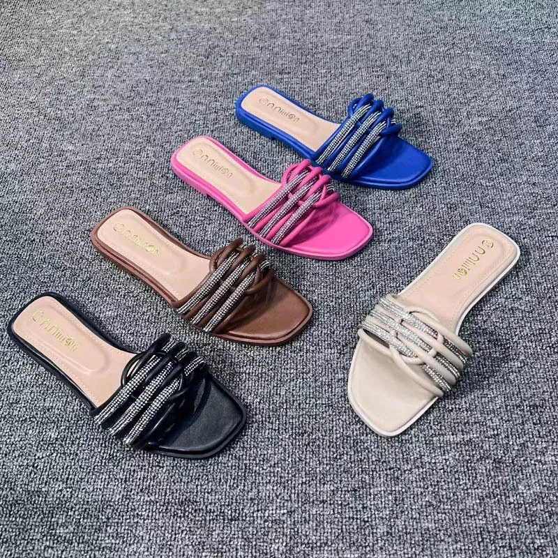 Flops Summer New Crystal Stone Stripes Slippers for Women Shoes Fashion Luxury Designer Flat Slides Rhinestone Sandals Chaussure Femme