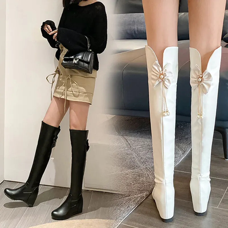 Laarzen pu zacht leer over knie hoge hakken laarzen platform warme pluche vrouw winter lange laarzen zapatos mujer zwarte witte laarzen