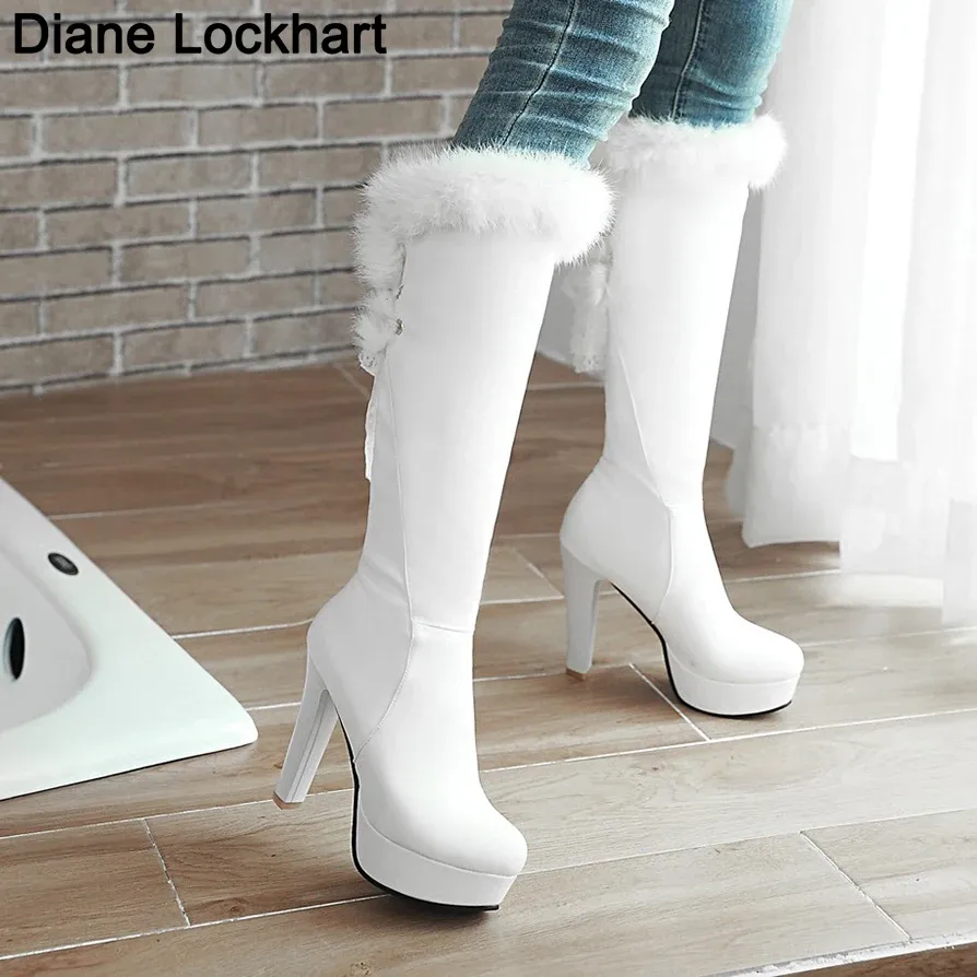 ブーツ新しいファッションファーニーハイブーツ女性丸いつま先冬のブーツハイヒールロングブーツキープウォームシューズ女性スティレットボットホワイト