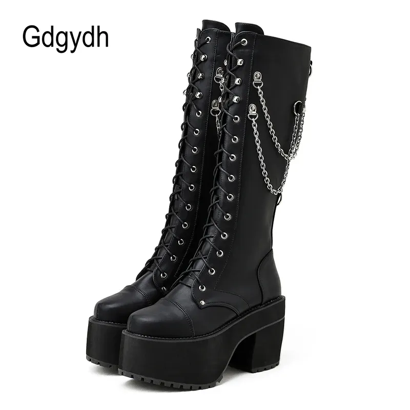 Boots Gdgydh Black Leather Pu High Quality Winter Platform High Heels Shoes With Chain Gothic Metal Combat Knee High Boots Women Zip