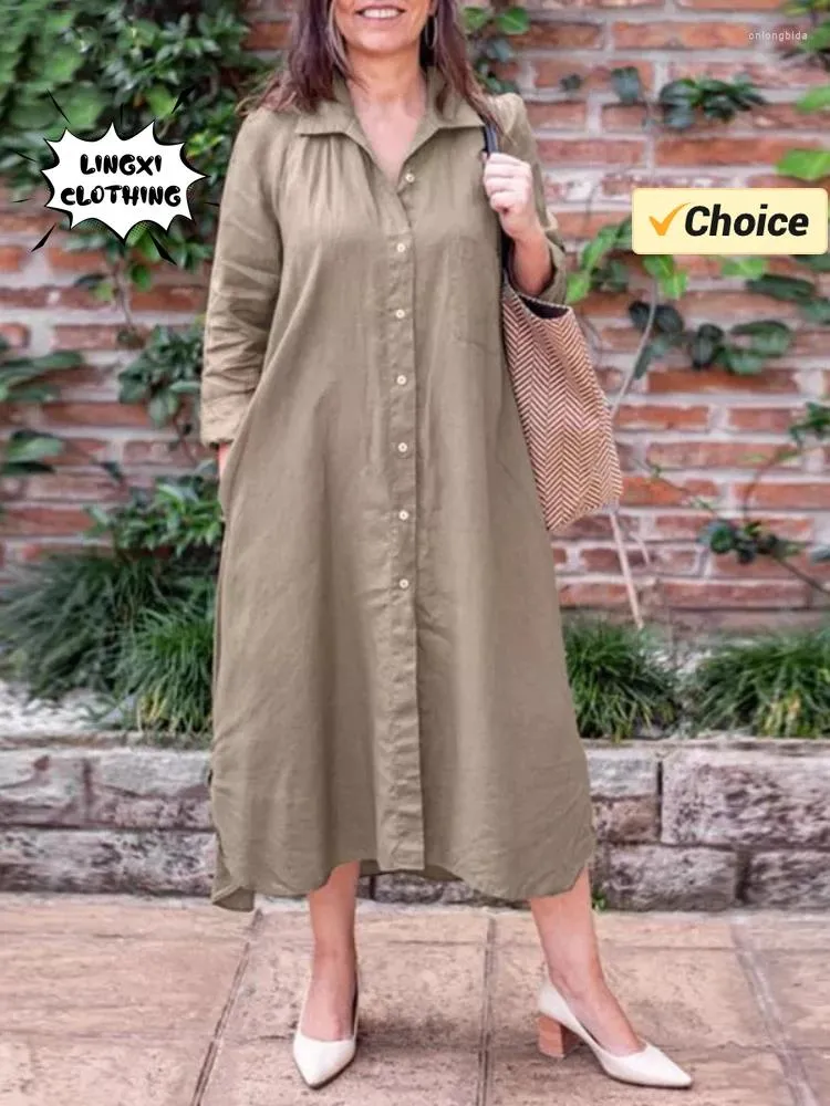 Lässige Kleider 2024 Sommer einfarbig Baumwolle und langer Rock Hemdkragen Ärmel elegante lose Strickjacke Taschenkleid