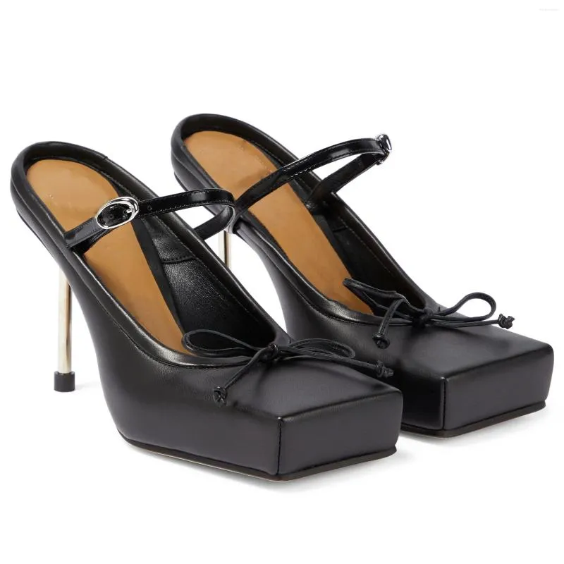 Dress Shoes Arrivals Platform Heel Women Shoe Bow Strap Design Square Toe Silver Steel Pumps