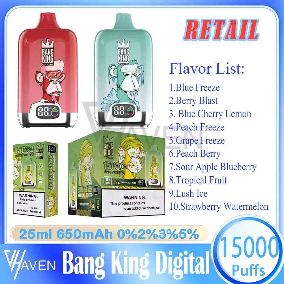 Orijinal Bang King Dijital 15000 Puf Tek Kullanımlık Vape Kalem 25ML Önceden Dolu Pod Mesh Bobin 650mAH Şarj Edilebilir Pil 0%2%3%5%Seviye Puflar 15K 10 Flavors