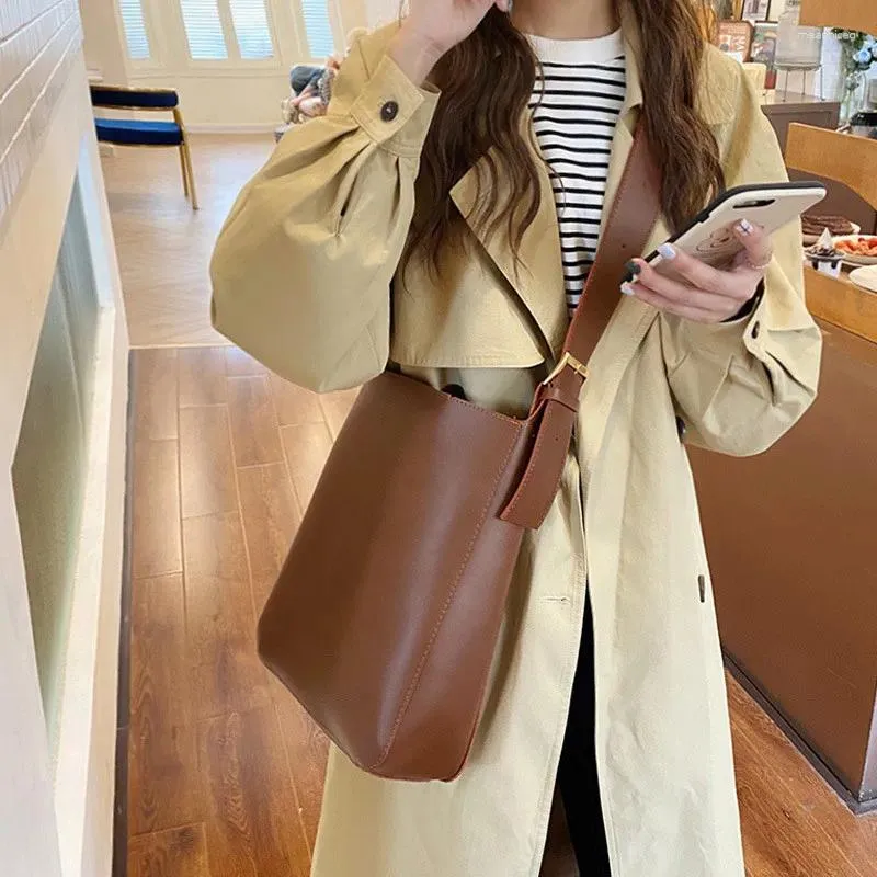 Drawstring Fashion Pu Leather Composite Bags For Ladies Casual Solid Large Capacity Bucket Women Simple Shoulder Big Handbag