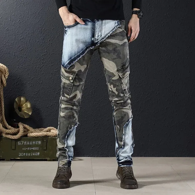 Mens slimming multipockets denim pants high quality trendy camouflage jeans street fashion casual men 240305
