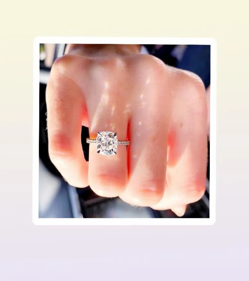 Prawdziwy solidny 925 Srebrny pierścień cztery pazury 2CT Diamentowe pierścionki zaręczynowe Diamond Wedding zaręczyn dla kobiet Prezent biżuterii1238600