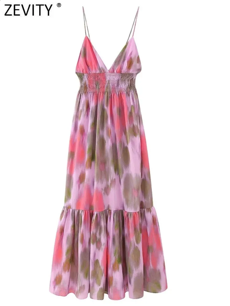 Zevity 여자 패션 V 목 컬러 매치 넥타이 염색 된 인쇄 슬링 미디 드레스 여성 세련