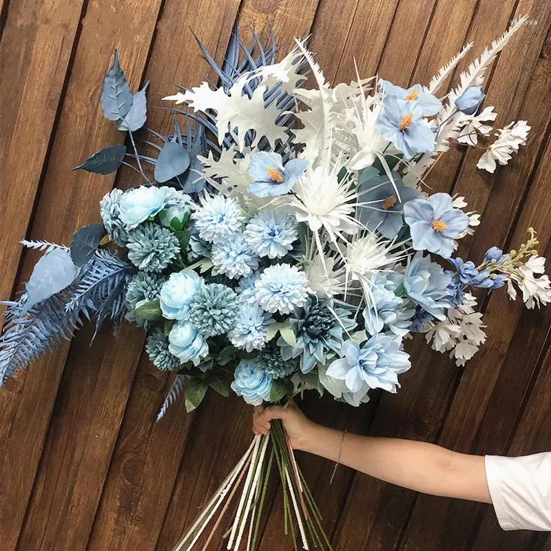 Flores decorativas artificial nevoeiro azul casamento flor de seda plástico diy arranjo simulação cor christma casa deco accessor