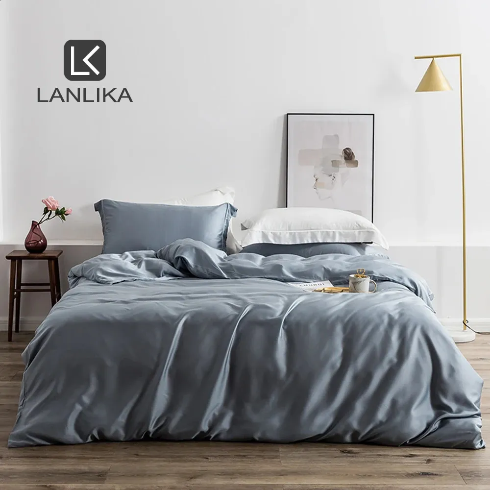LanLika Blue Grey 100% jedwabna pościel Silny Zdrowy Król King kołdra płaskie łóżko pościel Linen poduszka do domu tekstylna 240312