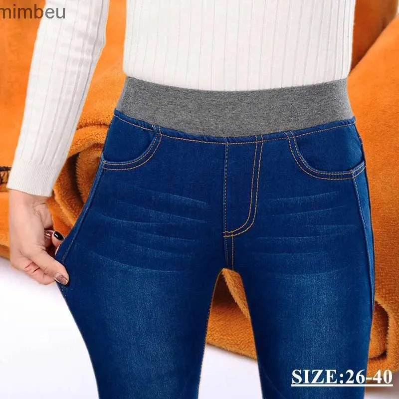 Jeans femme Hiver épais velours polaire chaud femmes élastique taille haute maigre maman jean Stretch femme Denim crayon pantalon 28-40C24318