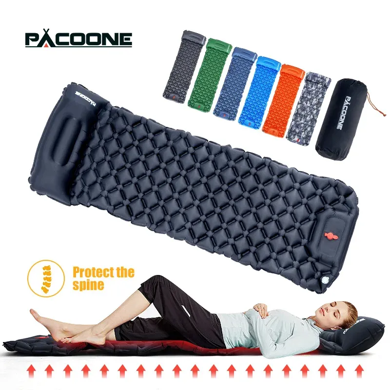 Bags Pacoone Iatable Camping Sleeping Pad with Pillow Air Mattress Builtin Pump Camping Mat for Backpacking Hiking Tent Travel