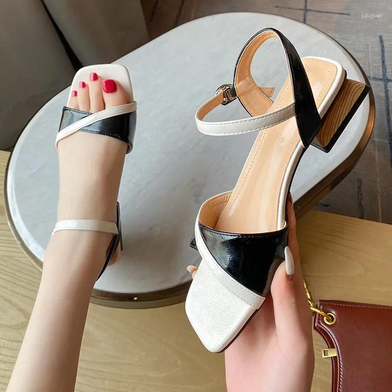 Dress Shoes Korean Mixed Colors Open Toe Sandals Women Wood Square Med High Heels Sandalias Buckle Strap Flip Flops Over Size 42