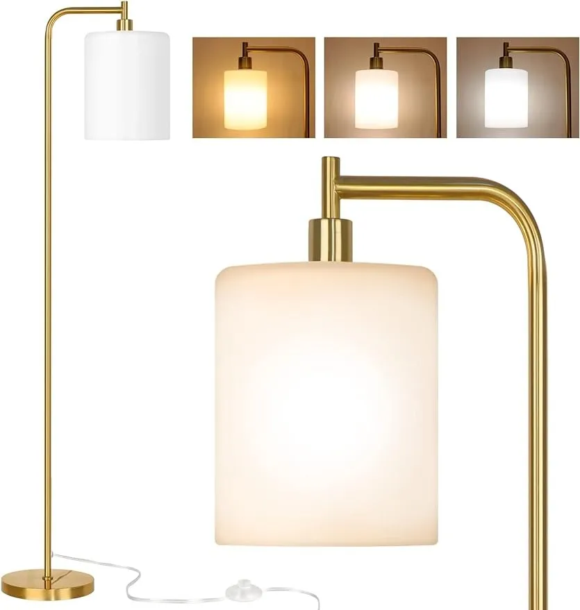 QiMH vloerlampen voor woonkamer, moderne LED staande leeslamp voor slaapkamer met glazen kap, hoge gouden industriële 3 kleuren dimbare paallamp