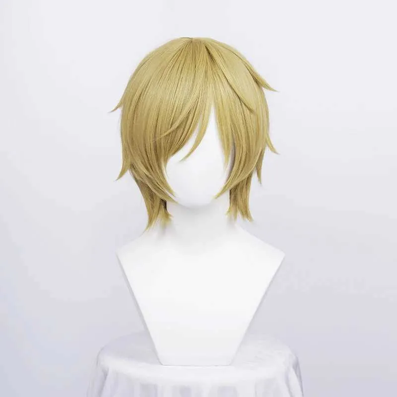 Parrucche sintetiche Anime One Piece Parrucche Cosplay Parrucca Sanji Breve Rettilineo Luce Dorata Resistente al calore Parrucca sintetica per capelli sintetica + Berretto per parrucca 240329