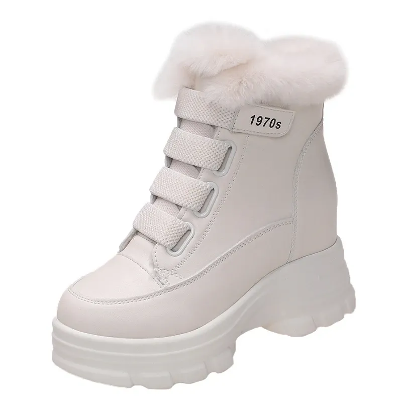 Stivali inverno caldi peluche stivali caviglie caviglia zeppe alte stivali pezzi piattaforma in pelle sneaker bianche stivali da neve in cotone per donna