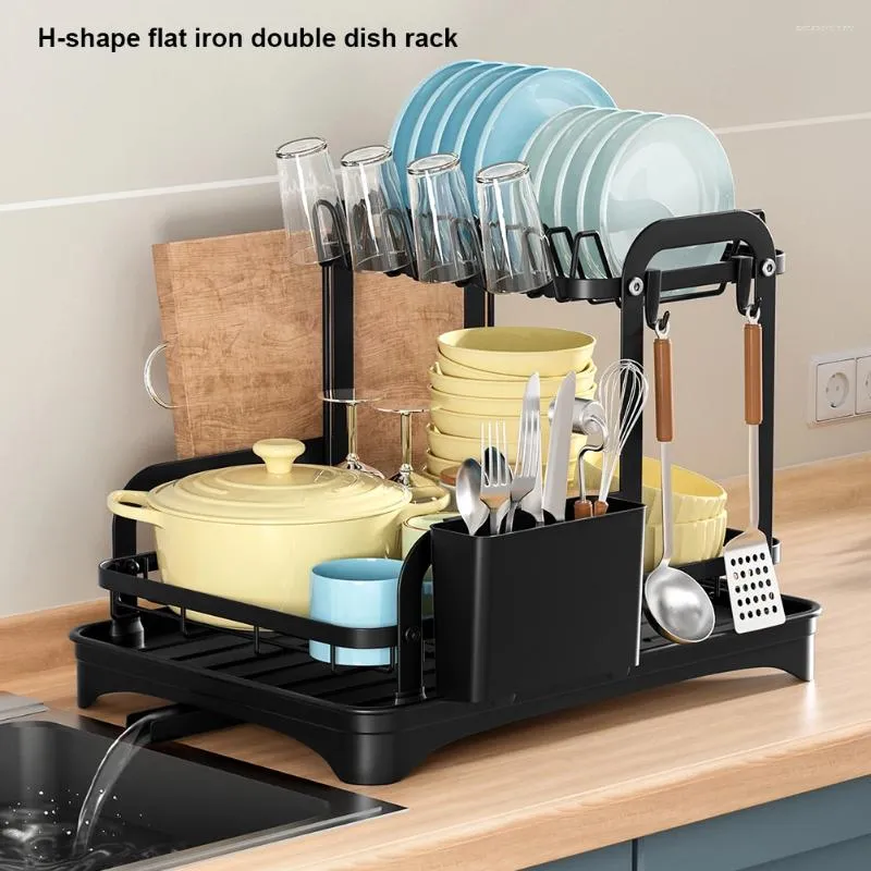 Kitchen Storage 2 Tier Dish Rack With Drip Tray Sink Organizer 360-Degree Retractable Drain Bowl Draining Shelf For Counter