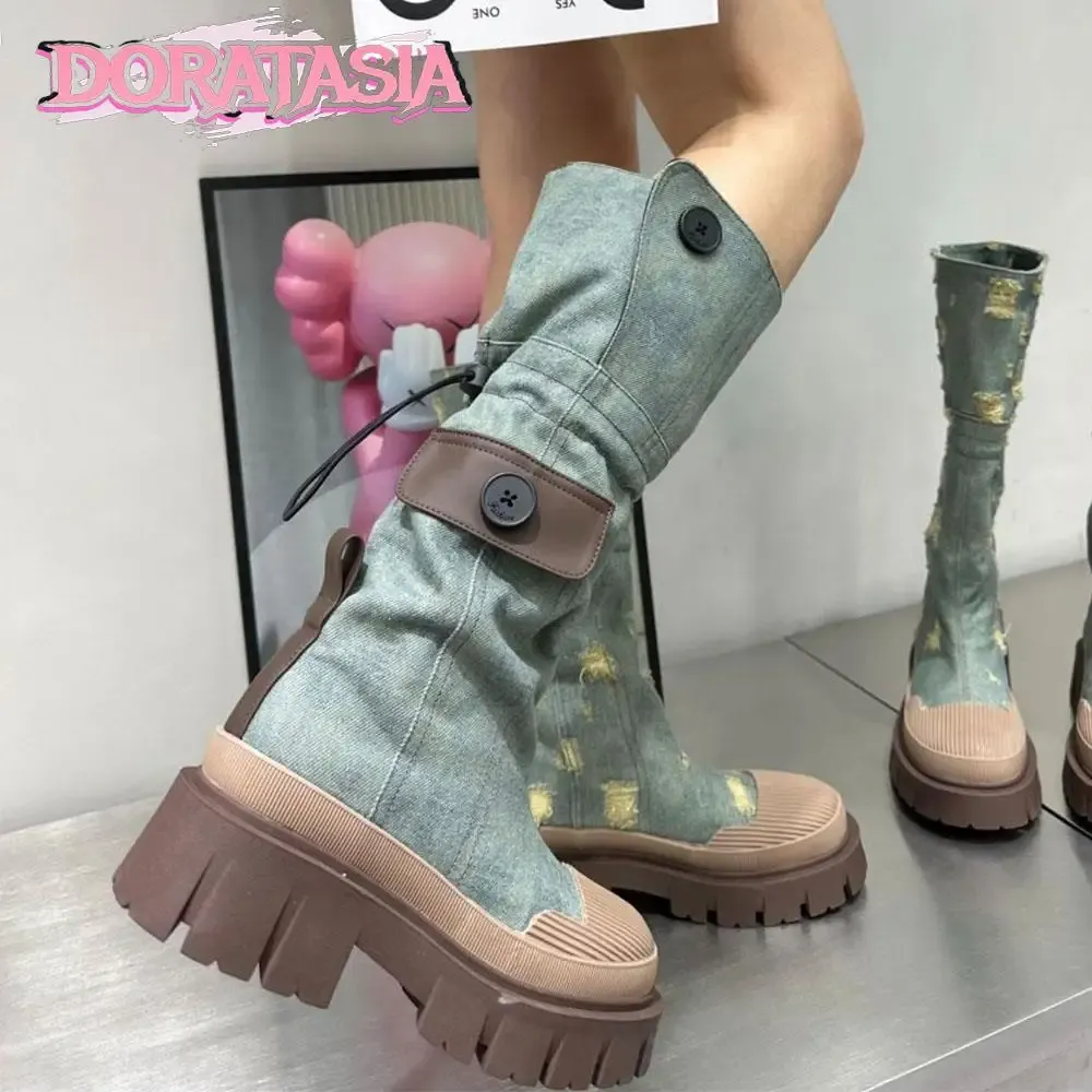 Buty Mid Calf Platforma Buty Dżins Round Tos Slip na platformie Buty na platformę Casual Rome Vintage Luksusowe modne Buty dla dziewcząt