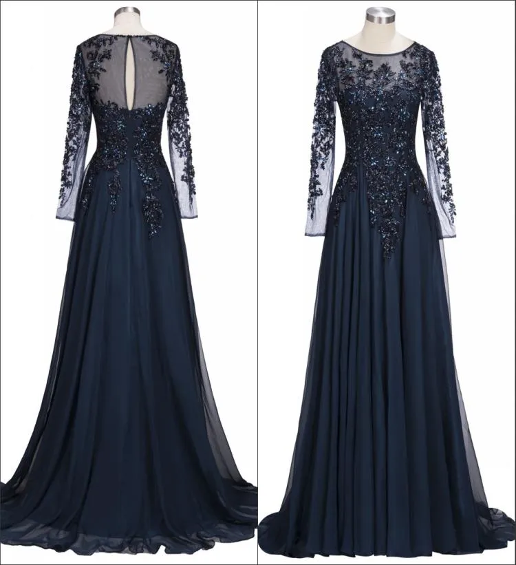 Abiti per la madre della sposa in chiffon a maniche lunghe trasparenti blu navy Abiti da sera formali con perline e pietre di perline BA91358052137