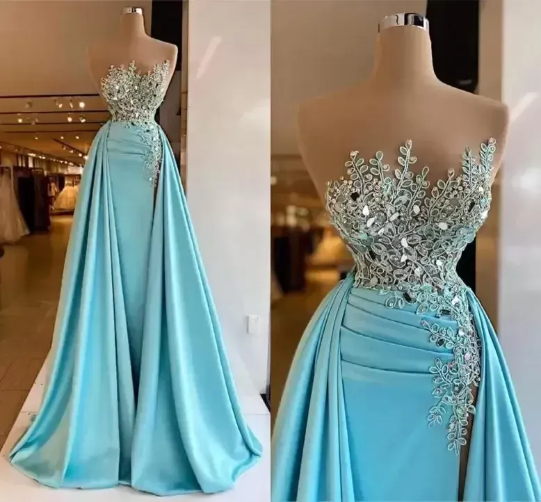 Illusion Sleeless Gece Elbise Dantelli Yan Bölünmüş Dantel Boncuklu Resmi Prom Partisi Önlükleri Zarif Vestido De Novia Özel Yapım BC13182