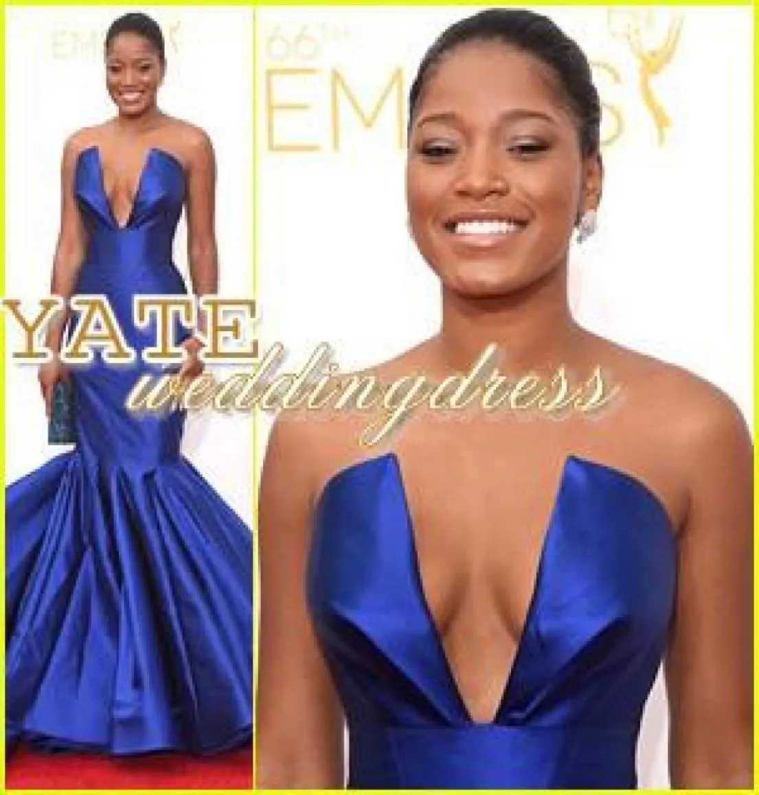 Mais novo Keke Palmer Emmy Awards Tapete Vermelho Querida Sereia Vestidos de Celebridades Cetim Ruffles Azul Royal Vestidos de Noite Vestido de Baile 6096683