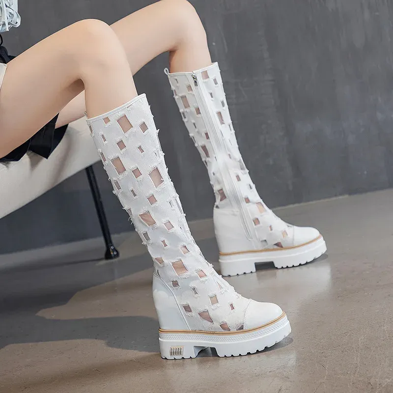Boots Summer Long Mesh Boots Women Hollow Out Casual Peep Toe Canvas Platform Shoes Wedges Jeans Boots Ladies Fashion Gothic Shoes