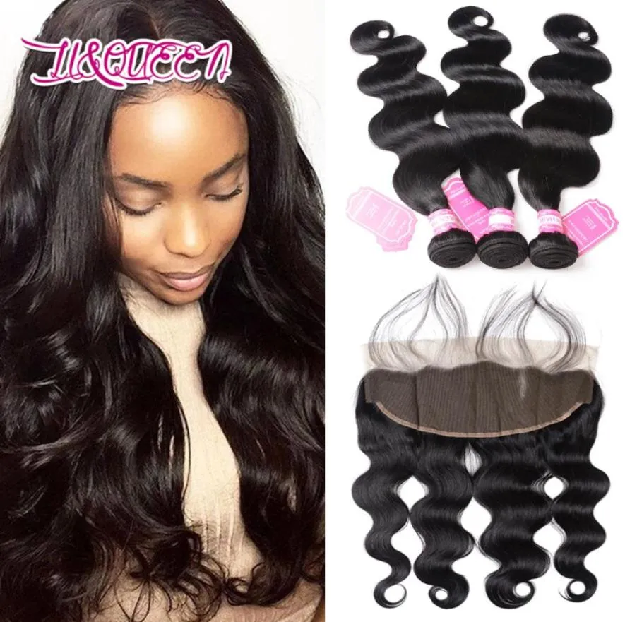 Indian Human Hair Body Wave 3 bundels met 13x4 oor tot oor kant frontale sluiting Virgin Hair Extensions47536313899412