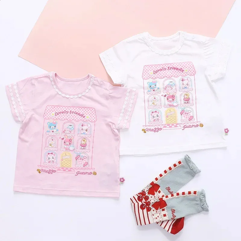 Pianist Kids Girl Cartoon Candy House Bunny Print broderad kortärmad spets krage t-shirt 240313