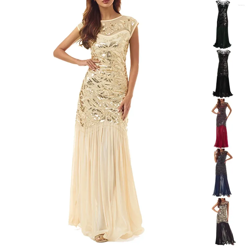 Casual Jurken Gouden Kralen Pailletten Avondjurk Voor Vrouwen Retro Elegante Bodycon Cocktail Sexy Bruiloft Prom Maxi Lange Gewaad