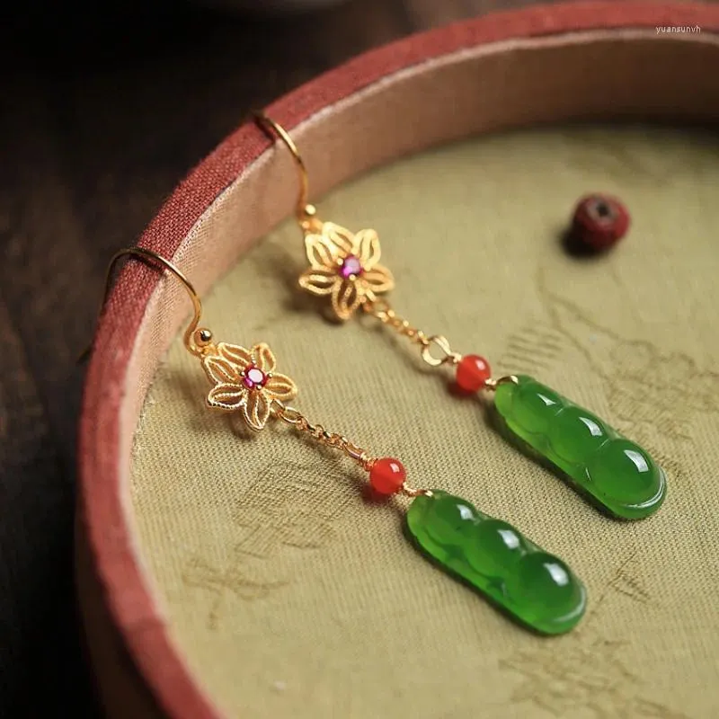 Dangle Oorbellen Natuurlijk Een Jade Fukudou Voor Vrouwen Chinese Stijl Ontwerp Verse Oude Gouden Ambachtelijke Bloem Lange Kwasten Eardrop Sieraden