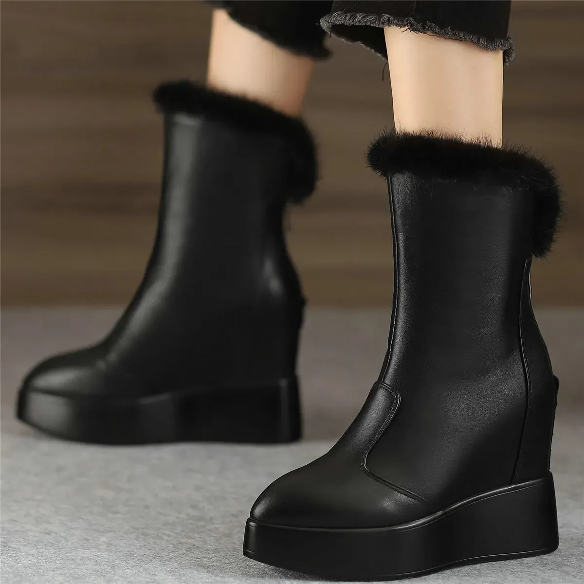 Boots Warm Fur Platform Pumps Women Genuine Leather Wedges High Heel Motorcycle Boots Female Pointed Toe Fashion Sneakers Casual Shoes