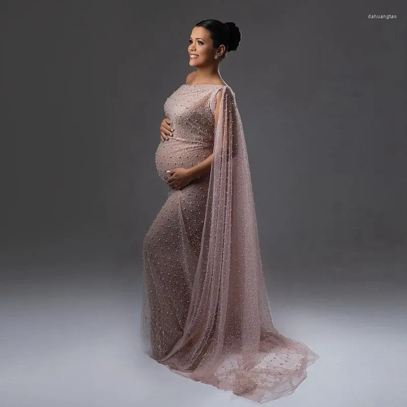 Casual Dresses Charming Pearls Lace Pregnant Women Elegant One Shoulder Sequined Tulle Maternity Gowns For Po-shoot Pregnancy