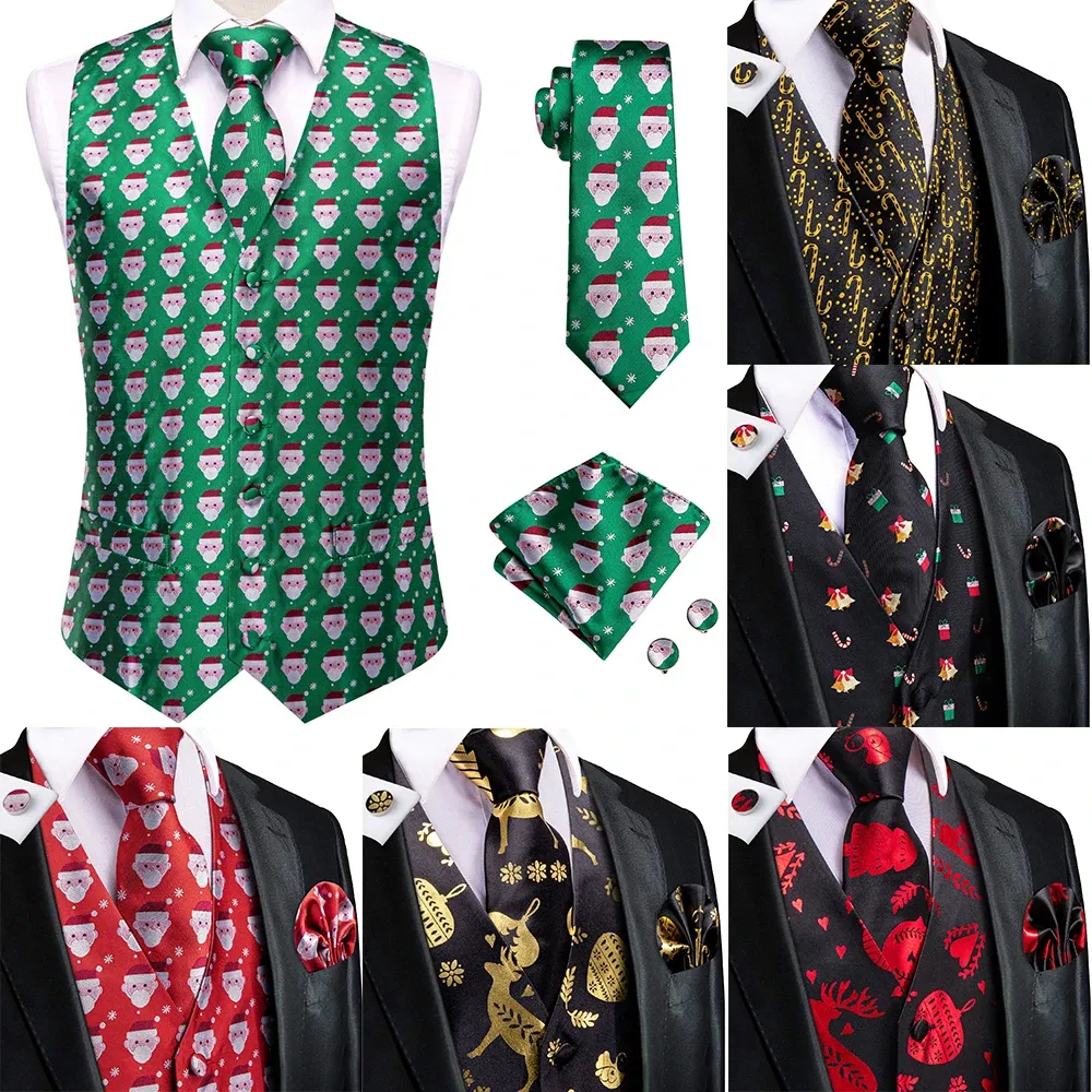 Vests HiTie Christma Silk Men's Vest Tie Green White Santa Formal Sleeveless Jacket 4PC Hanky Cufflink Paisley Suit Waistcoat Party