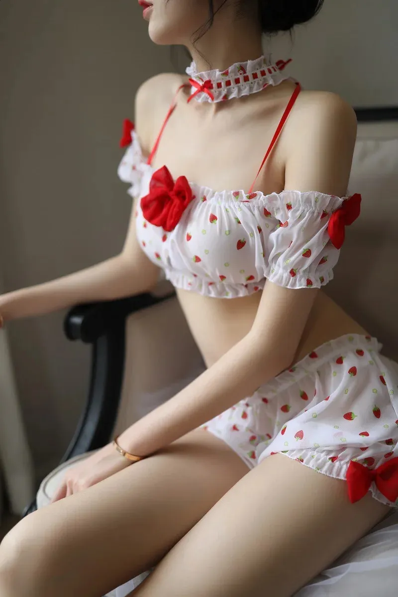 Sexy Lingerie Cute Japanese Pink Maid Strawberry Cosplay Costumes Uniform Suit Sex Play Erotic Women Temptation Set 240307
