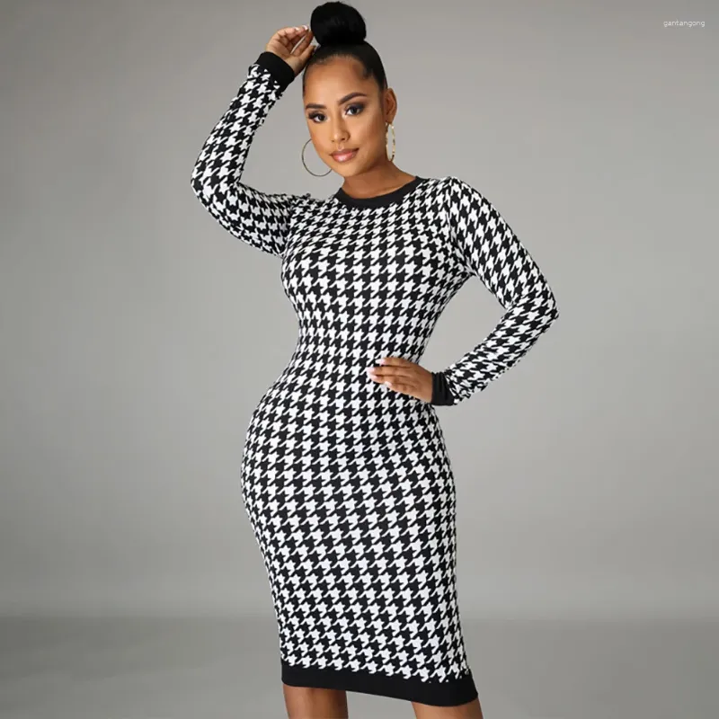 Casual Dresses Women Long Sleeves Dress Round Neck Houndstooth Printing Bodycon Midi Skirt Back Hollow-out Slim Fit