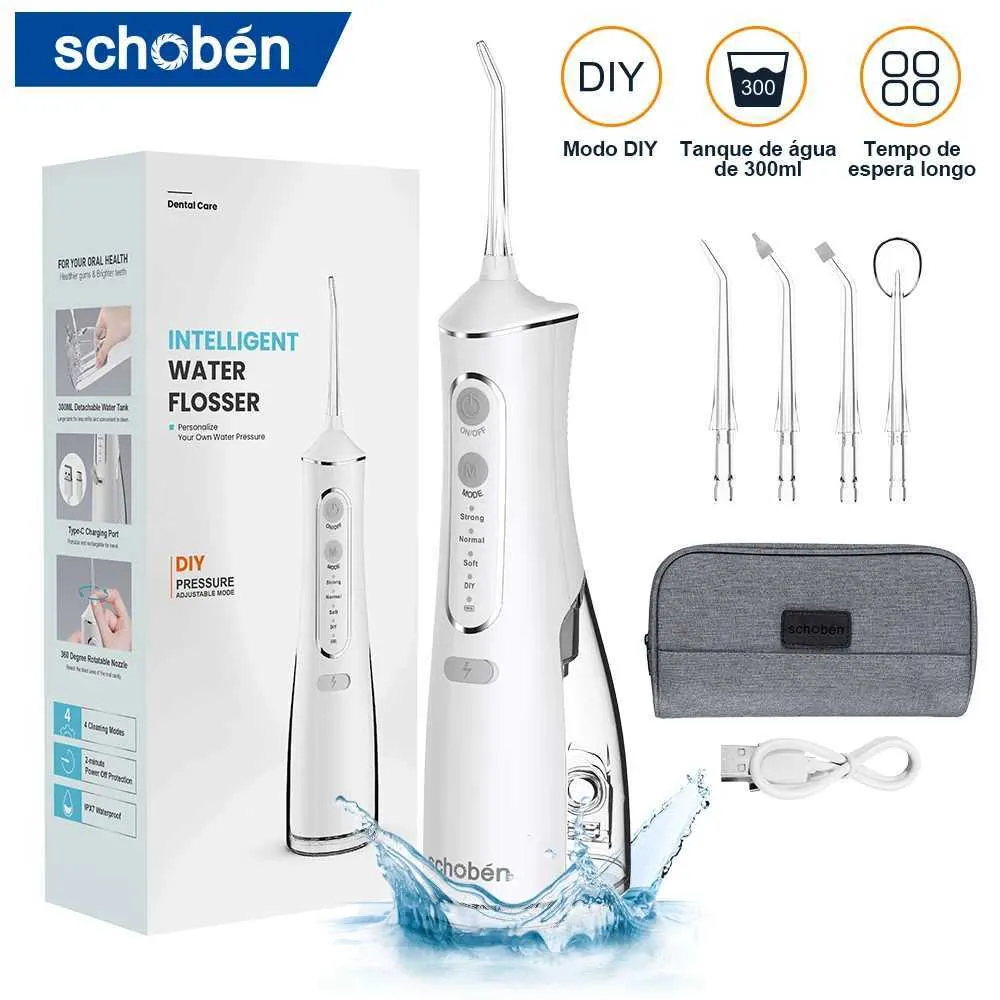 Irrigadores orais Shoben portátil irrigador oral carregamento USB pia dental 300ML tanque de água IPX7 à prova d'água limpador de dentes J0318