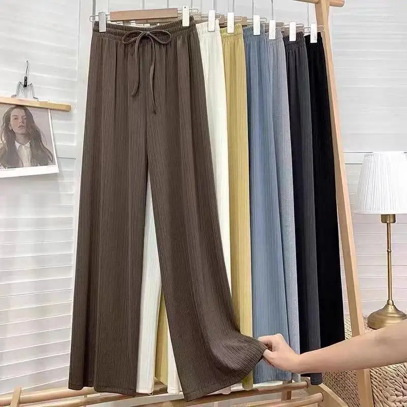 Pantaloni da donna Pantaloni dritti elasticizzati casual a vita alta con coulisse a vita alta e gamba larga in seta di ghiaccio a righe verticali