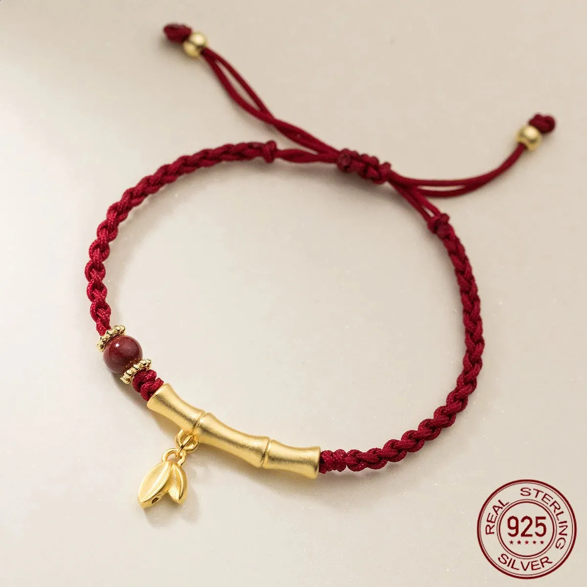 La monada 24 centimetri 925 braccialetto di corda d'argento dorato tubo di bambù foglia filo rosso linea braccialetti di corda per le donne ragazza 240315