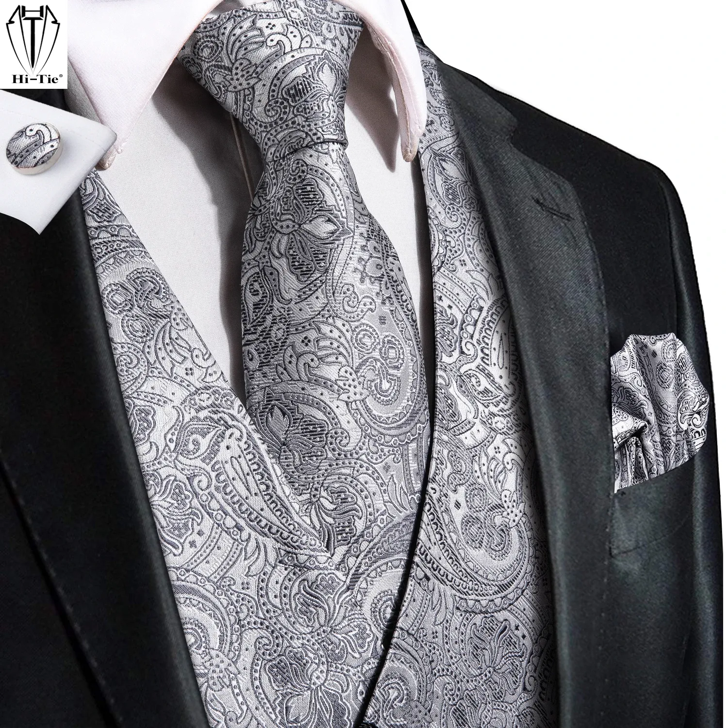 Vests Hittie Silver Grey Paisley Silk Mens Viette de gilet Ensemble Jacquard Wanking Sans mannequin Veste Colde de manchette Hanky