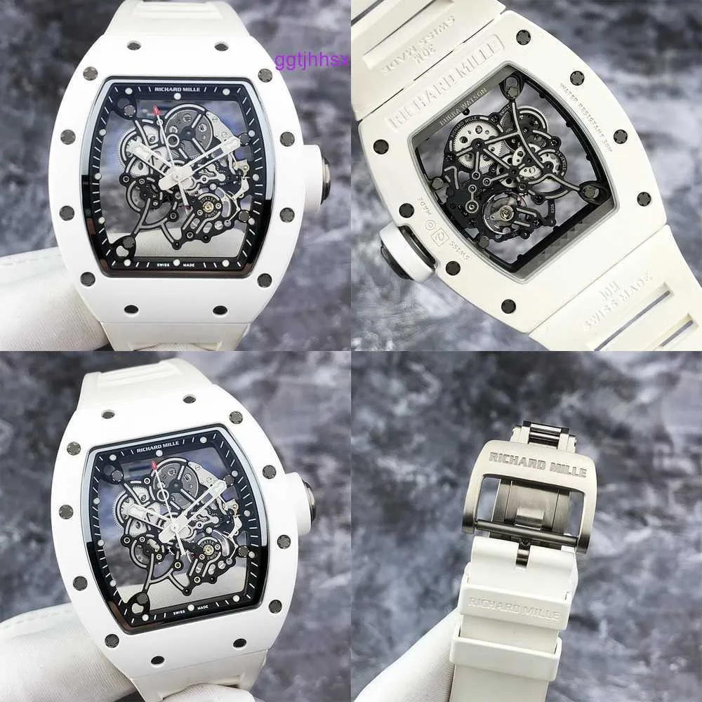 Modeklocka RM Watch Female Watch RM055 TI Full Skeleton Dial Mens Watch Manual Mechanical White Ceramic Large Dial