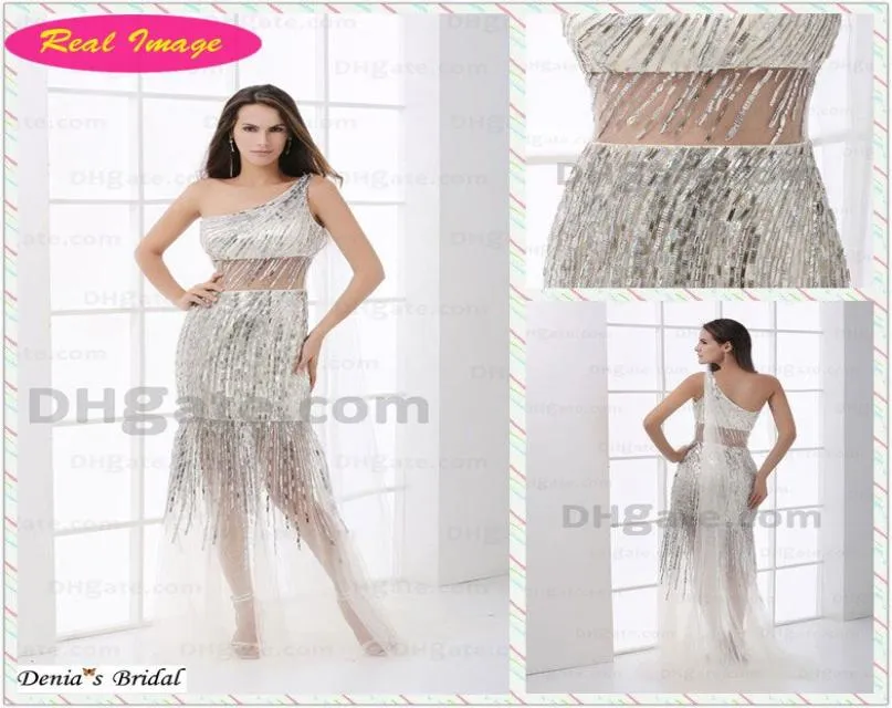 2015 Atraente Sliver Beading borla Um Ombro Vestido de Festa Sheer Tulle Cocktail Imagem Real HX23 dhyz 015297037