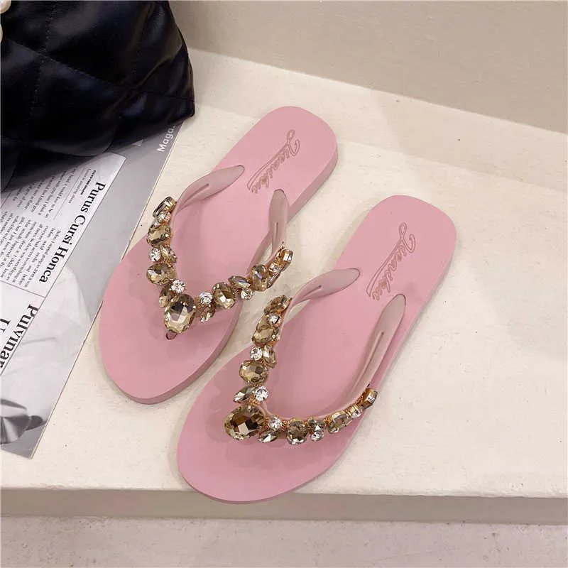 HBP Brea Olmayan Vitray Düz Rhinestone Terlik Kadınlar Yaz Yeni Moda Sandalet Koreli Pullar Flip Flops