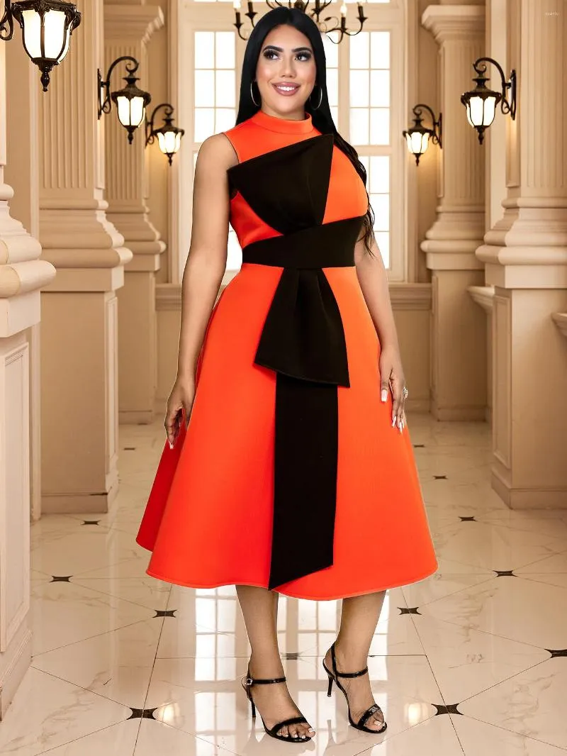 Plus Size Dresses Classy Women Color Block Patchwork Pleaed Party Dress High Neck Sleeveless Black Big Bow Elegant Evening Wedding Gowns